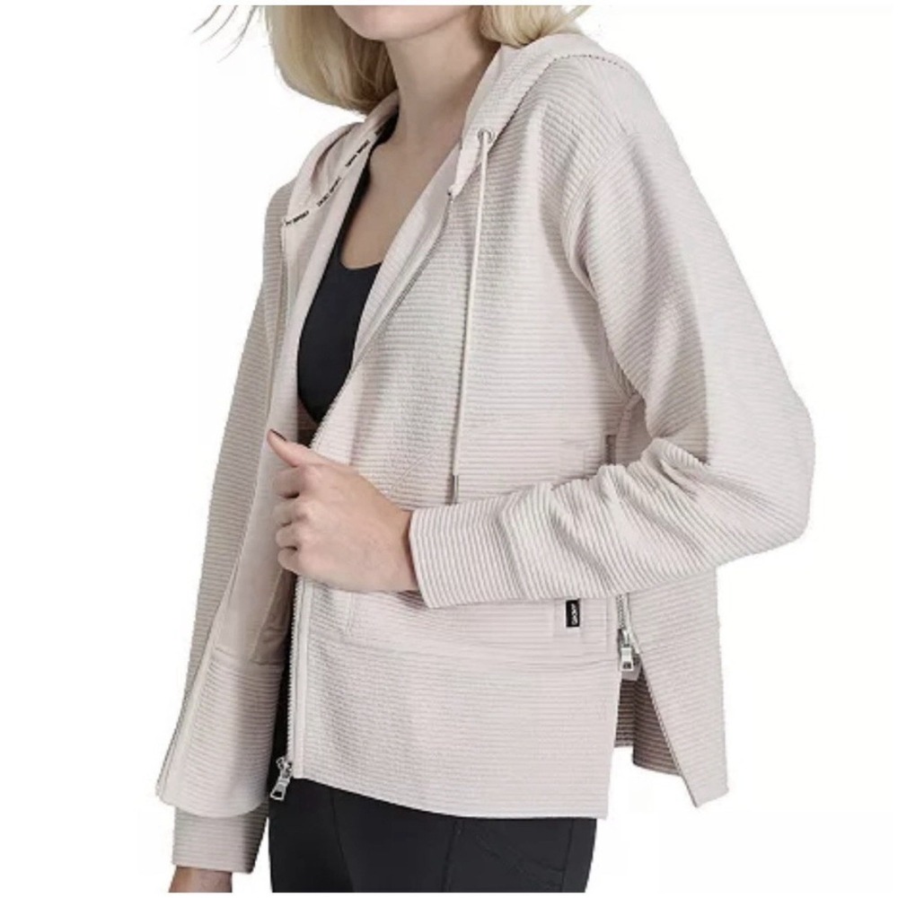 DKNY Ribbed Zip‎ Up Hoodie Women XXL Cream  Side Zips Athleisure DPMJ9667